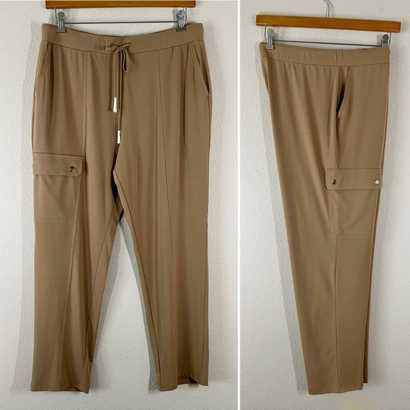 SUSAN GRAVER Liquid Knit Pant Straight Leg Cargo Pull-On Camel Tan Work Casual L - Picture 1 of 10